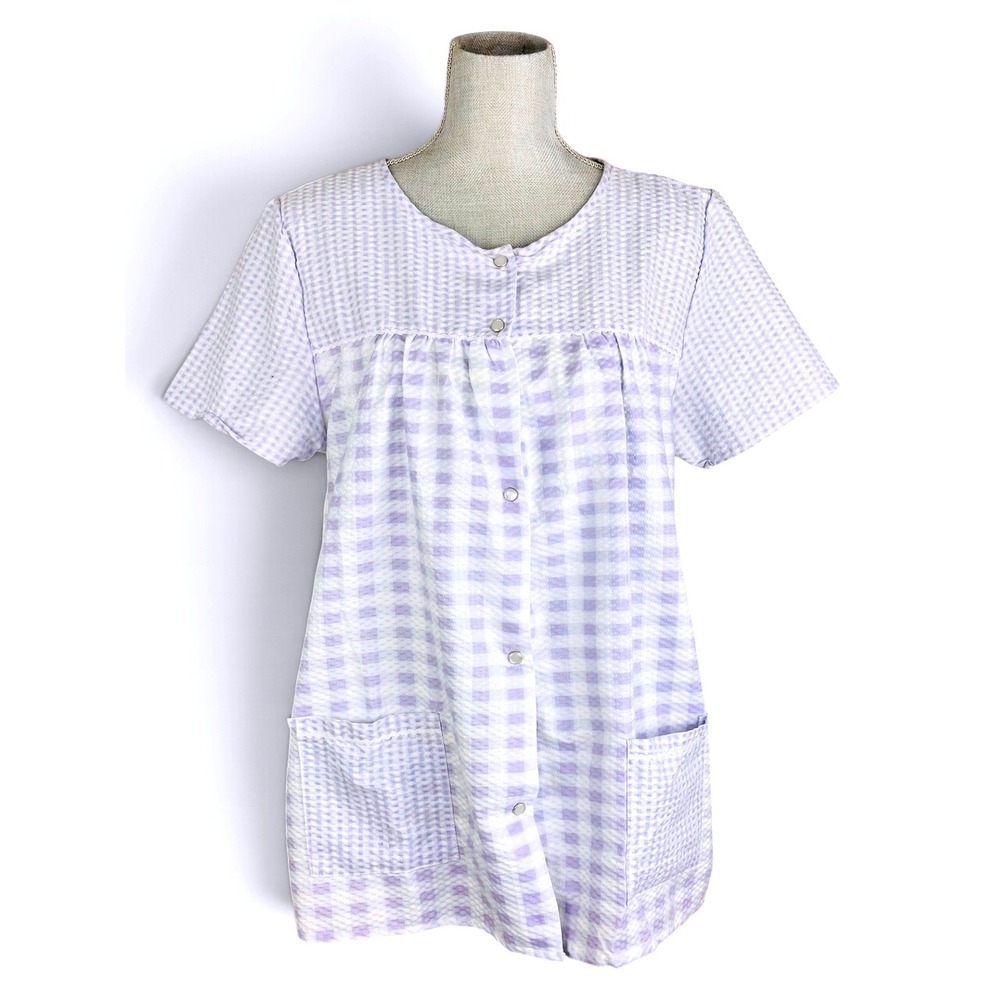 Vintage Loti Fashion Lavender Gingham Smock Top Snap Front Housecoat, Large